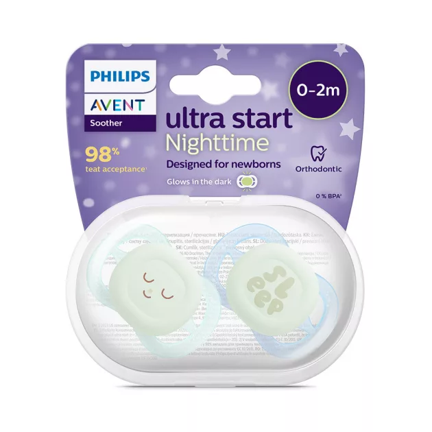 Philips AVENT Játszócumi Ultra Start éjszakai 0-2hó fiús 2db