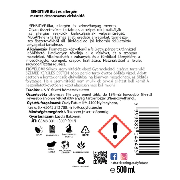 NaturCleaning Sensitive illat és allergén mentes citromsavas vízkőoldó 0,5 liter