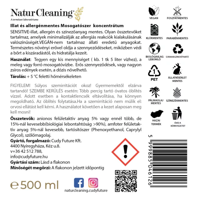 NaturCleaning Mosogatószer koncentrátum 500 ml pumpás - sensitive illat és allergénmentes