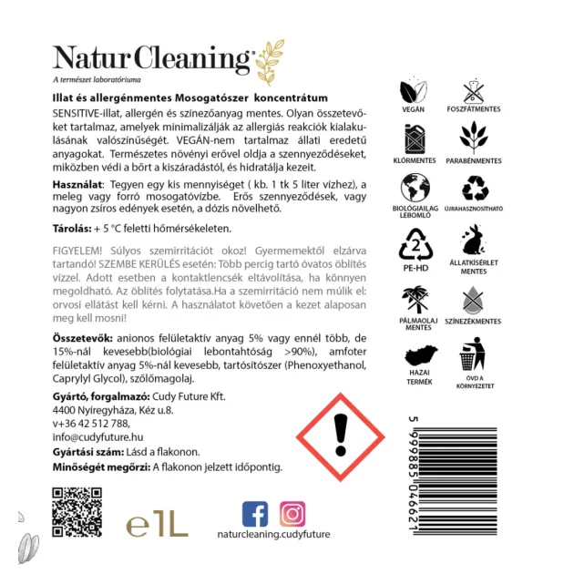 NaturCleaning Mosogatószer koncentrátum 1 liter - sensitive illat és allergénmentes