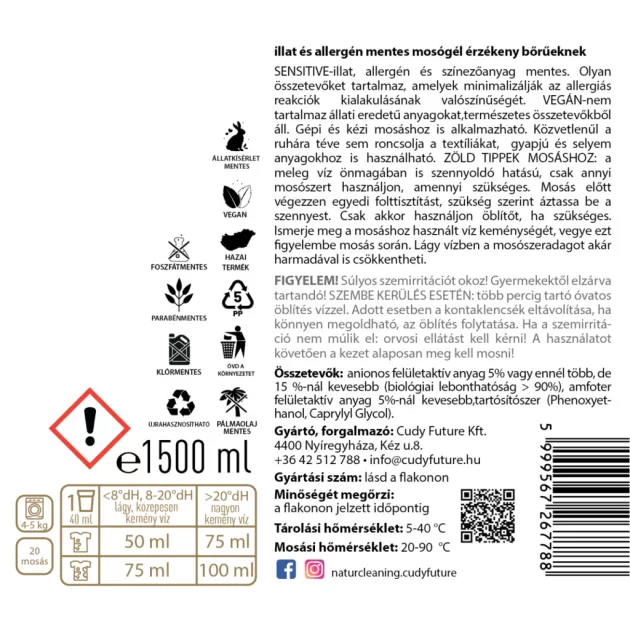 NaturCleaning Sensitive mosógél 1,5 liter - Illat,- és allergénmentes