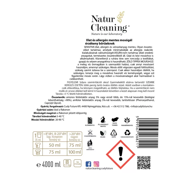 NaturCleaning Sensitive mosógél 4 liter - Illat,- és allergénmentes