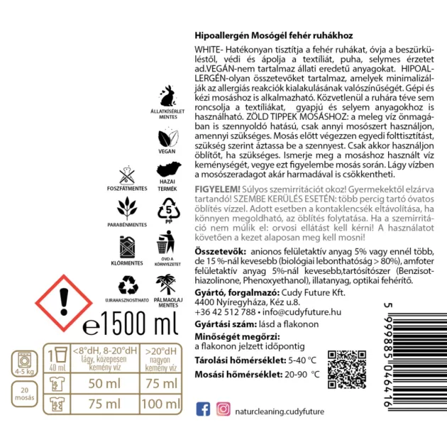 NaturCleaning White hipoallergén mosógél 1,5 liter