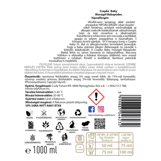 Csepke baby mosógél babapúder hipoallergén 1 liter