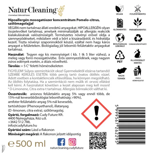 NaturCleaning Mosogatószer koncentrátum 500 ml pumpás - pomelo-citrus
