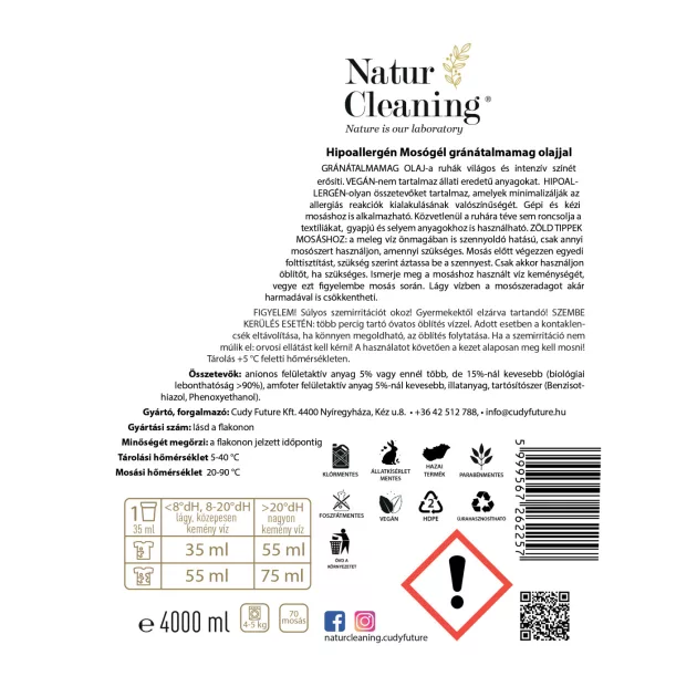 NaturCleaning Gránátalma hipoallergén mosógél 4 liter