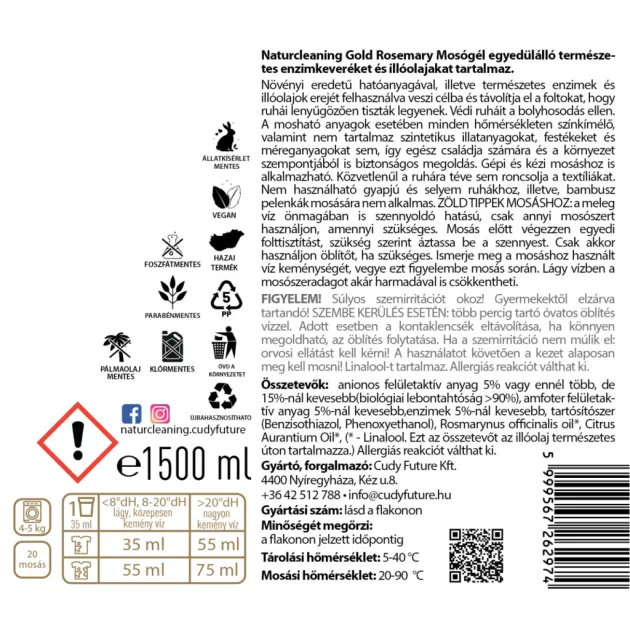 NaturCleaning Gold Rosemary hipoallergén mosógél 1,5 liter