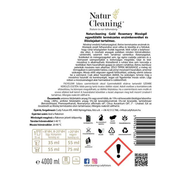 NaturCleaning Gold Rosemary hipoallergén mosógél 4 liter