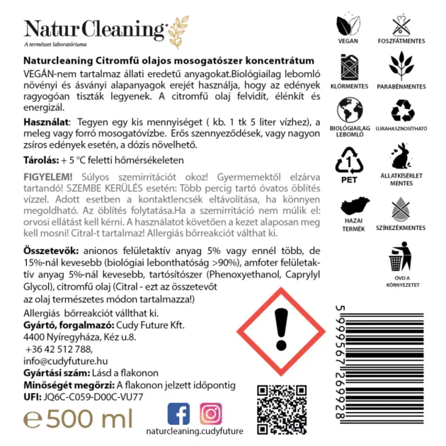 NaturCleaning Mosogatószer koncentrátum 500ml pumpás - citromfű olajos