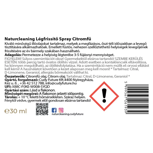 NaturCleaning Légfrissítő spray citromfű 30 ml